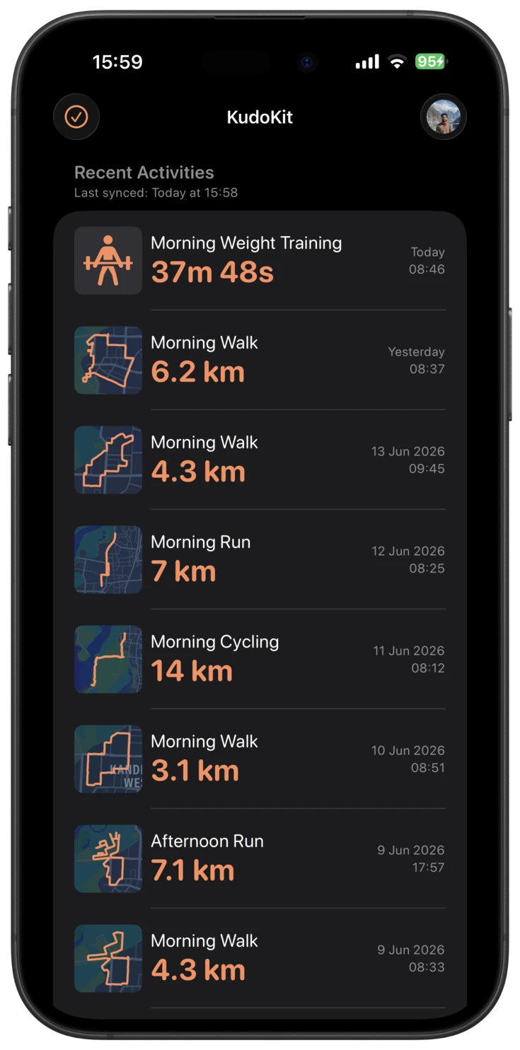 KudoKit recent activities in dark mode