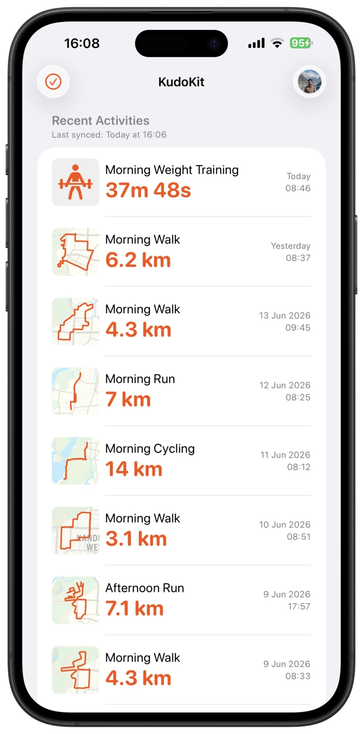 KudoKit recent activities in light mode