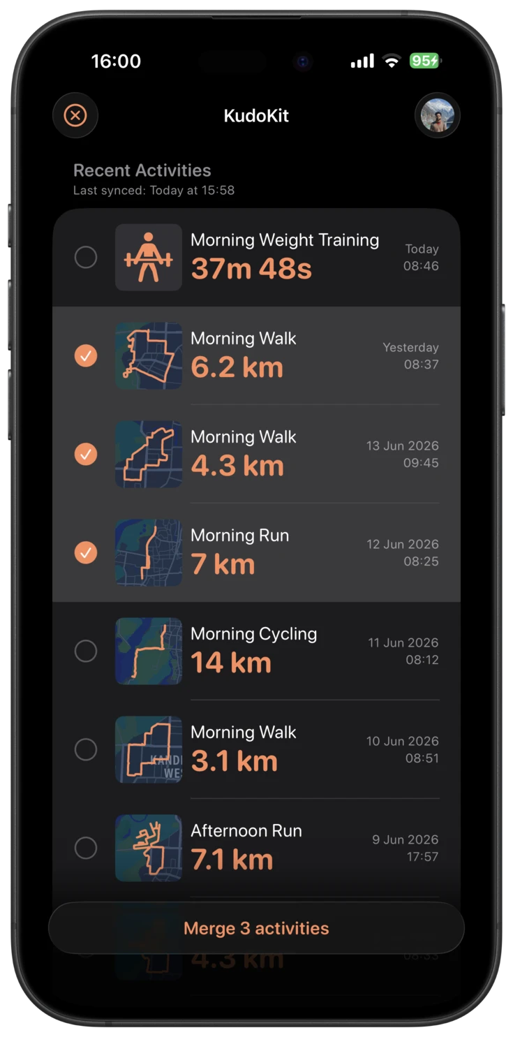 Selected activities ready to merge in KudoKit